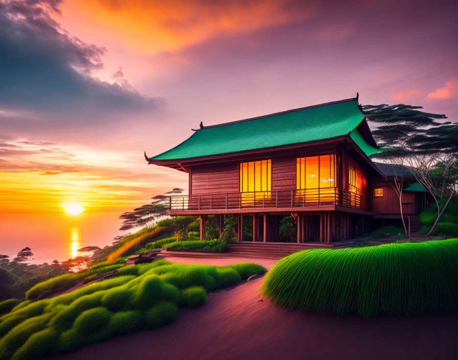 Asian-style Cliff House with Sunset View and Ocean Backdrop