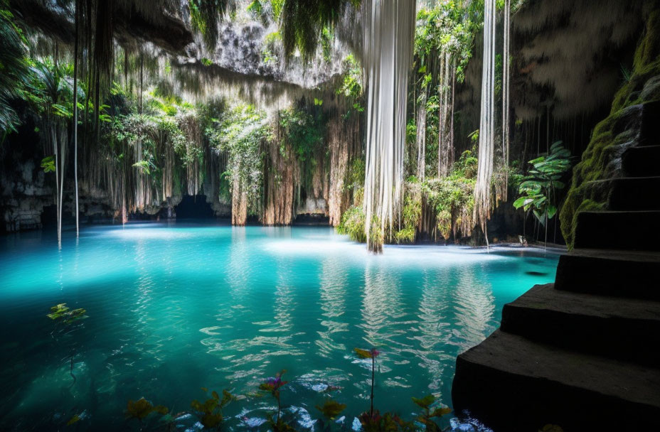 Tranquil Cenote with Turquoise Waterfalls & Lush Vegetation