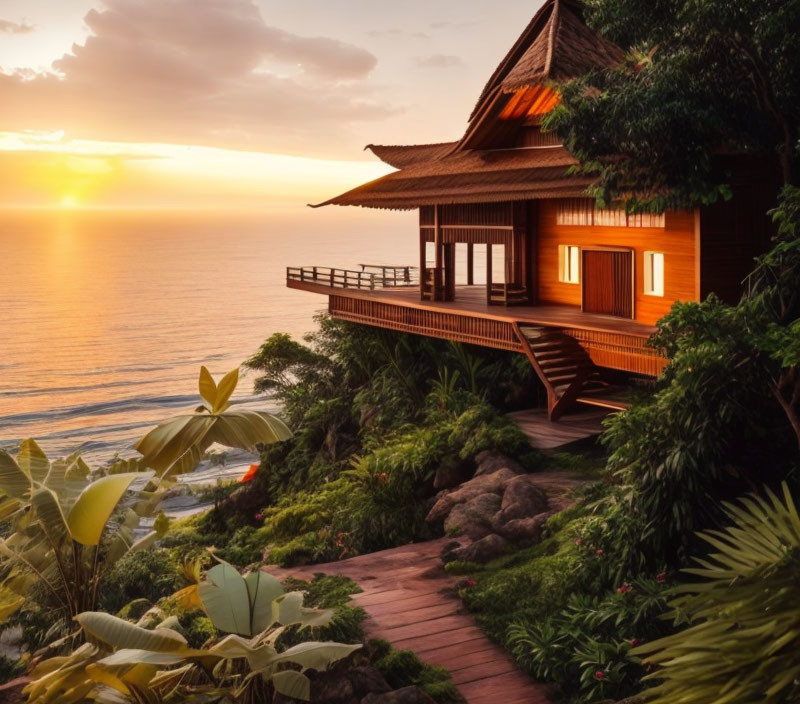 Traditional Wooden House Overlooking Ocean at Sunset