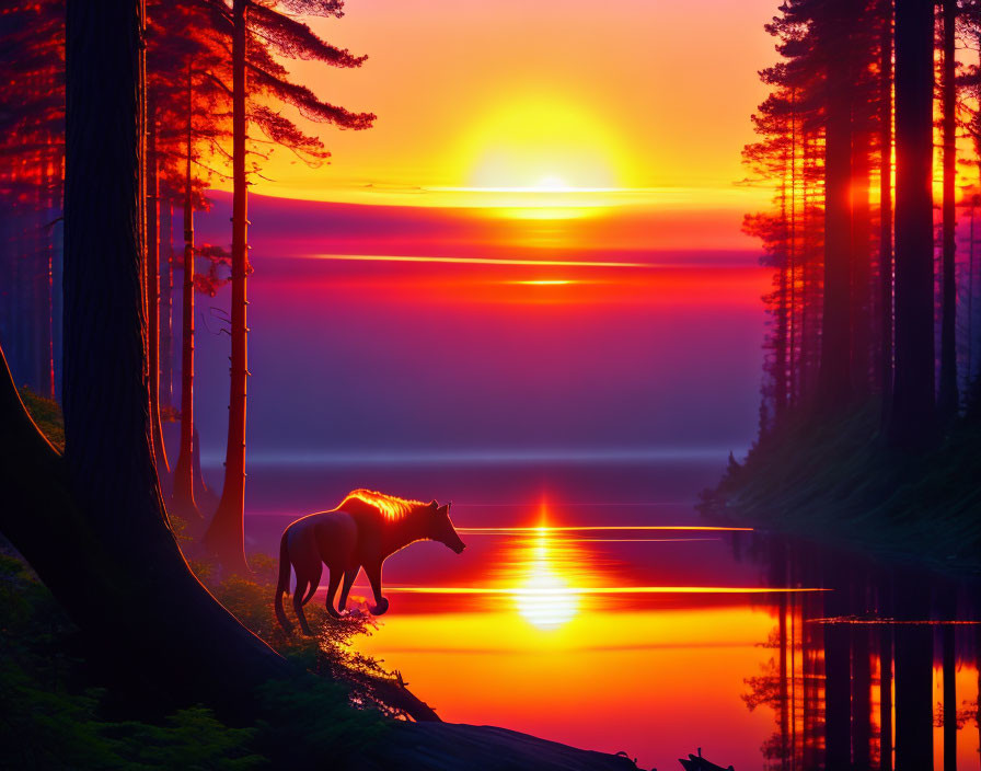 Silhouetted horse at sunset by calm lake and forest.