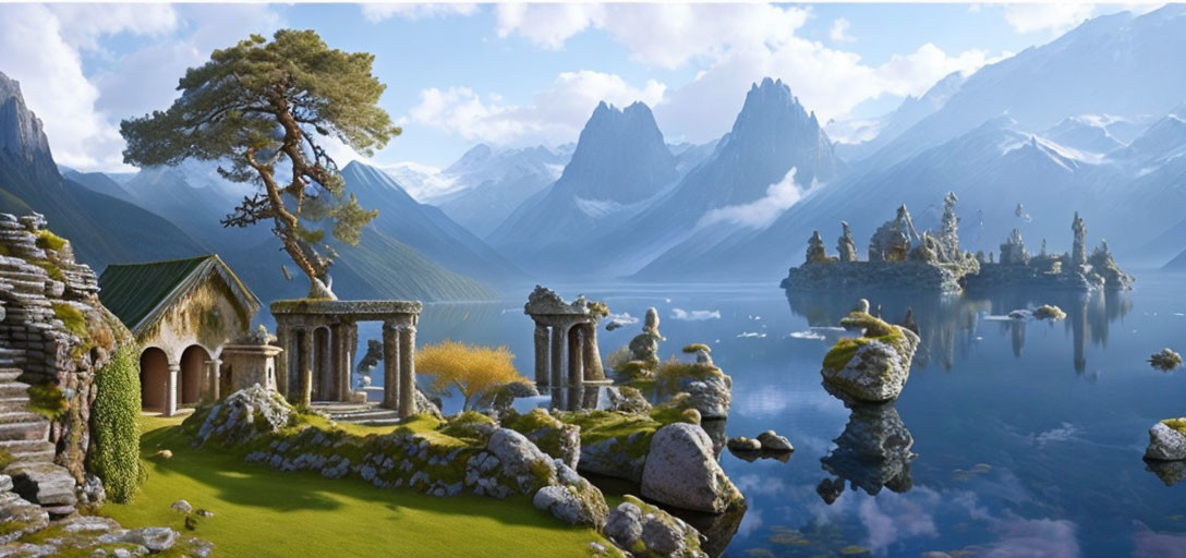 Tranquil landscape with ancient ruins, tree, mountains, lake, and rocky structures