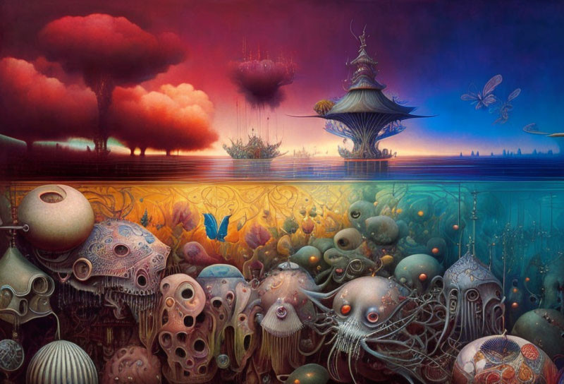 Vibrant surreal landscape with floating islands and underwater creatures