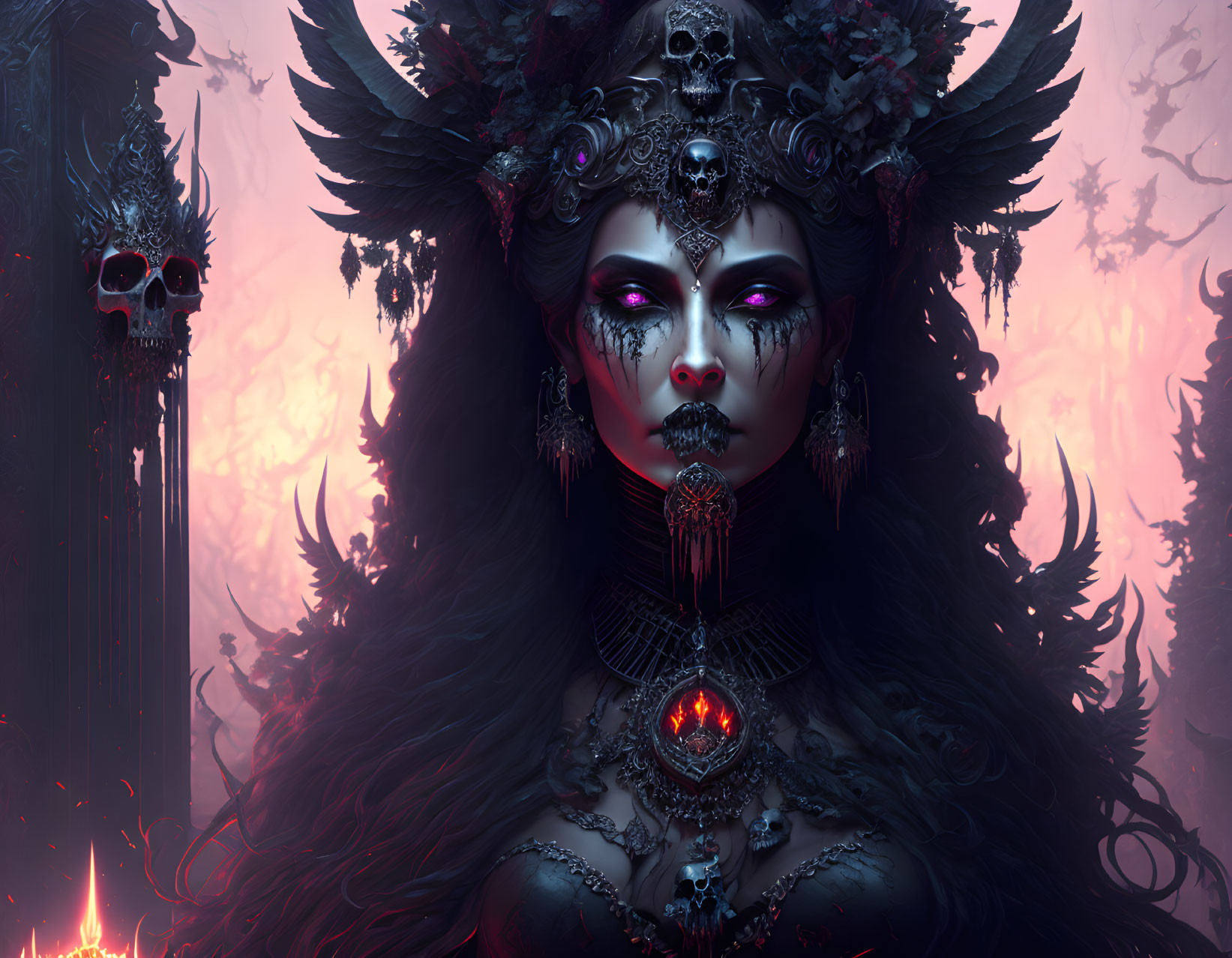 Mystical female figure with skull headdress and glowing eyes on fiery backdrop