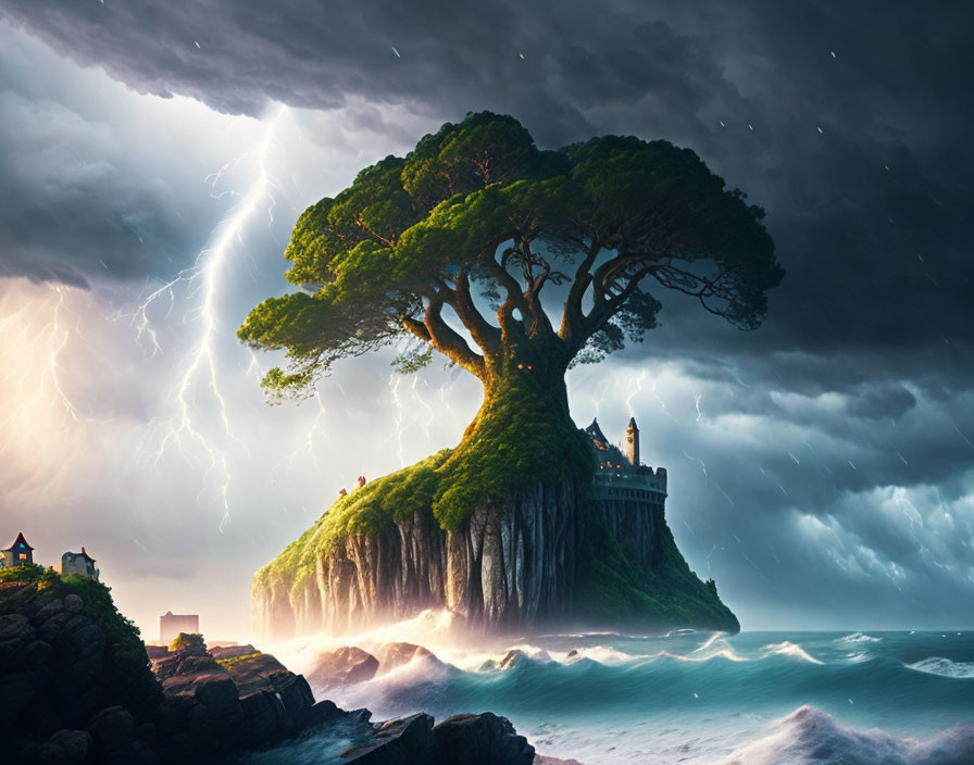 Fantastical island with castle, houses, stormy sea, lightning