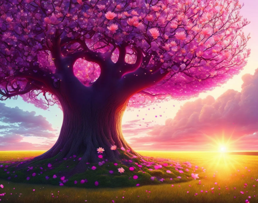 Pink Cherry Blossom Tree on Hill at Sunset with Heart-Shaped Cavity