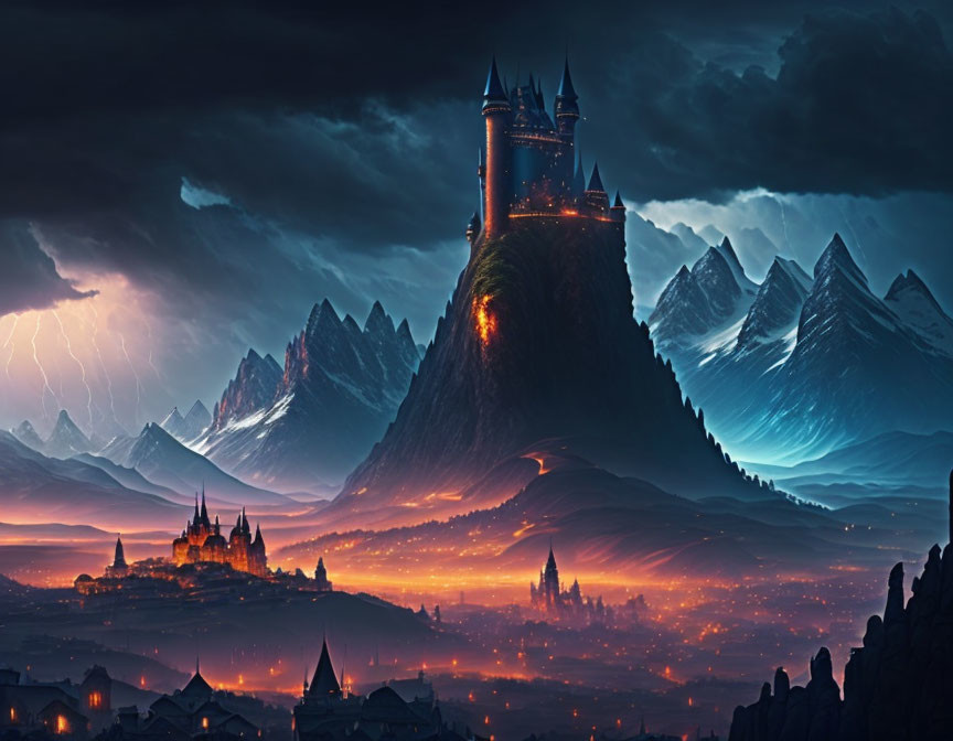 Fantasy landscape with castle on steep hill, mountains, stormy sky at dusk