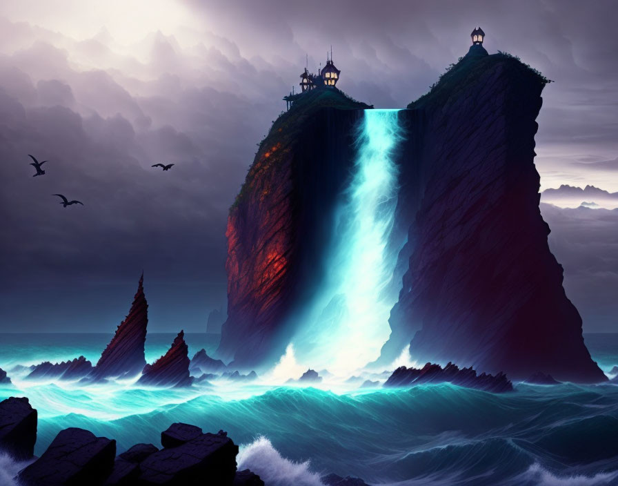 Fantasy artwork: Split rocky cliff, luminous waterfall, turbulent sea, dramatic cloudy sky.