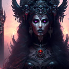 Mystical female figure with skull headdress and glowing eyes on fiery backdrop