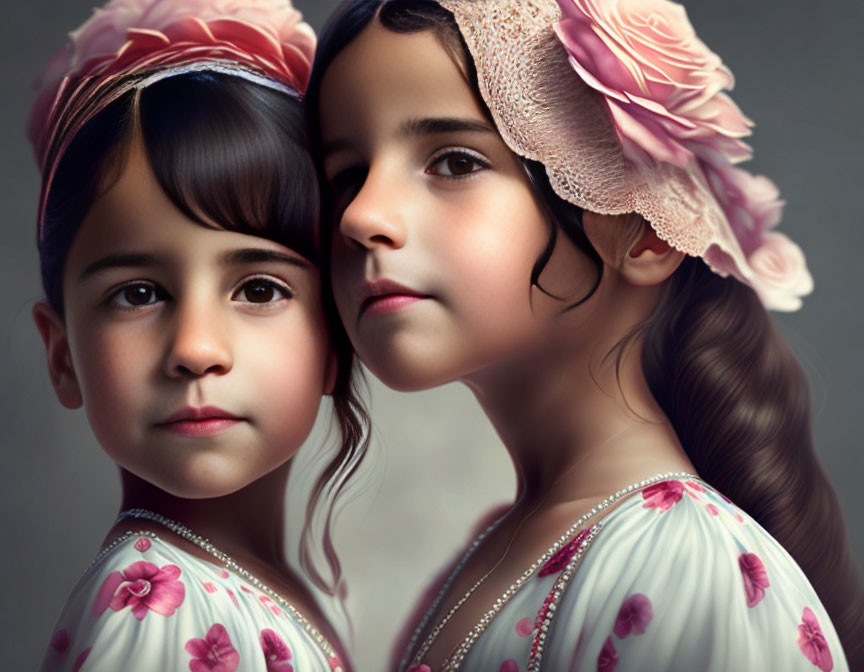 Two young girls in floral dresses and headbands, one with a braid, posing elegantly.