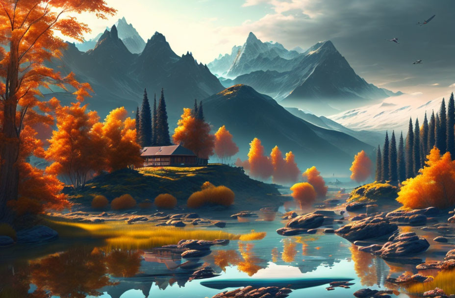 Tranquil autumn scenery: cabin, lake, golden foliage, mountains, birds.