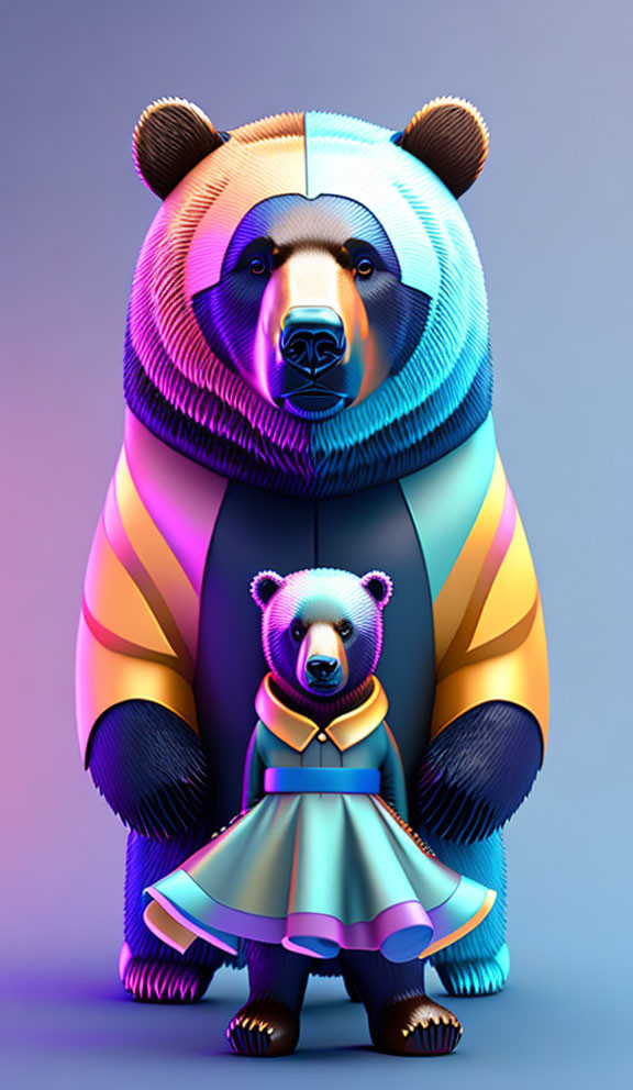 Colorful Illustration of Large and Small Bears with Unique Striped Fur Patterns