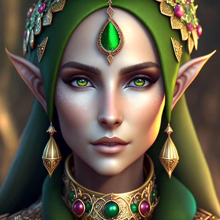 Female elf digital portrait with green headscarf and jewel adornments