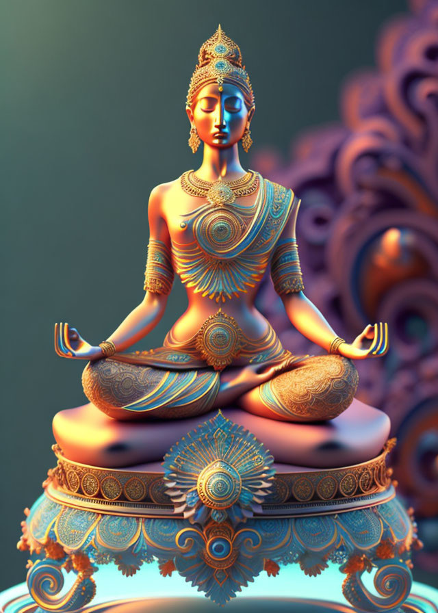 Serene 3D illustration of meditating figure with gold patterns on lotus base