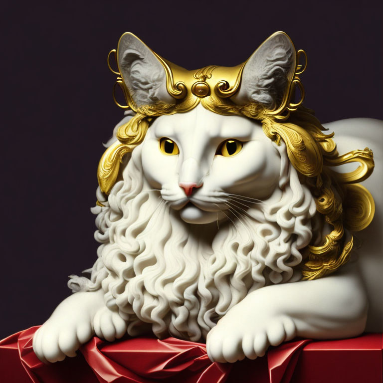 Ornate white cat sculpture with golden hair and crown on red platform against purple background