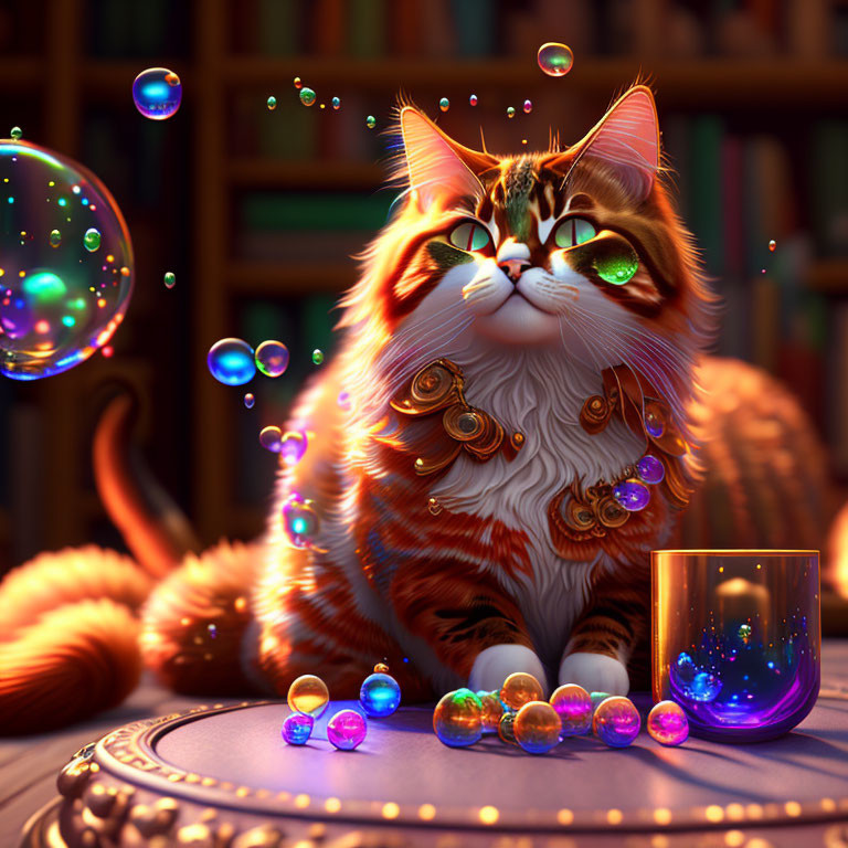 Fluffy orange cat with glasses in magical library setting