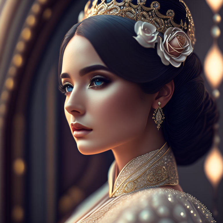 Detailed Illustration of Regal Woman with Ornate Crown and Jewelry