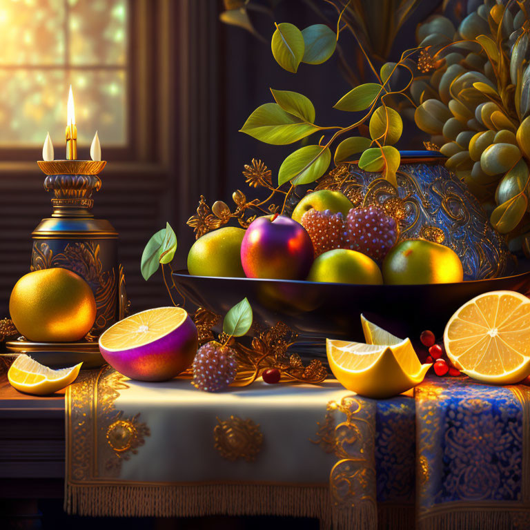 Fruit still life with candle on ornate plate, sunlight-lit table