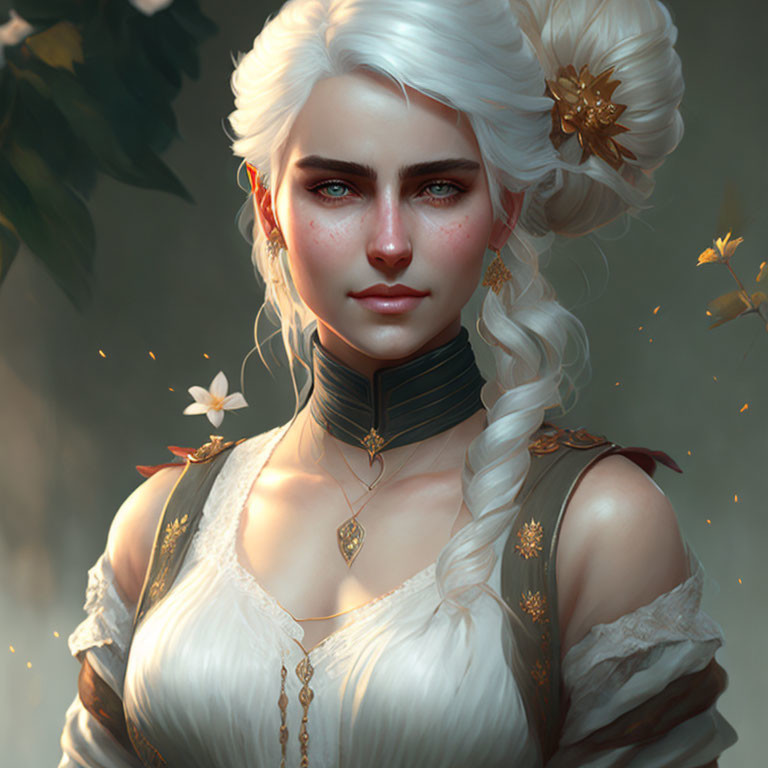 Fantasy female character with white hair and red eyes in white and gold outfit surrounded by flowers and leaves