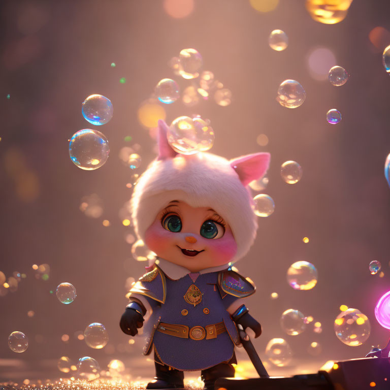 Blue Medieval Outfit Animated Cat in Iridescent Soap Bubbles