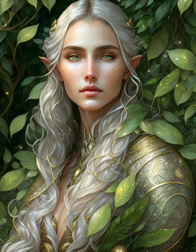 Elf digital artwork: white-haired, green-eyed, golden-armored character in leafy setting