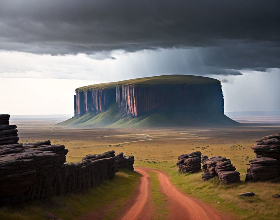 Flat-topped mesa under stormy sky with layered rock formations