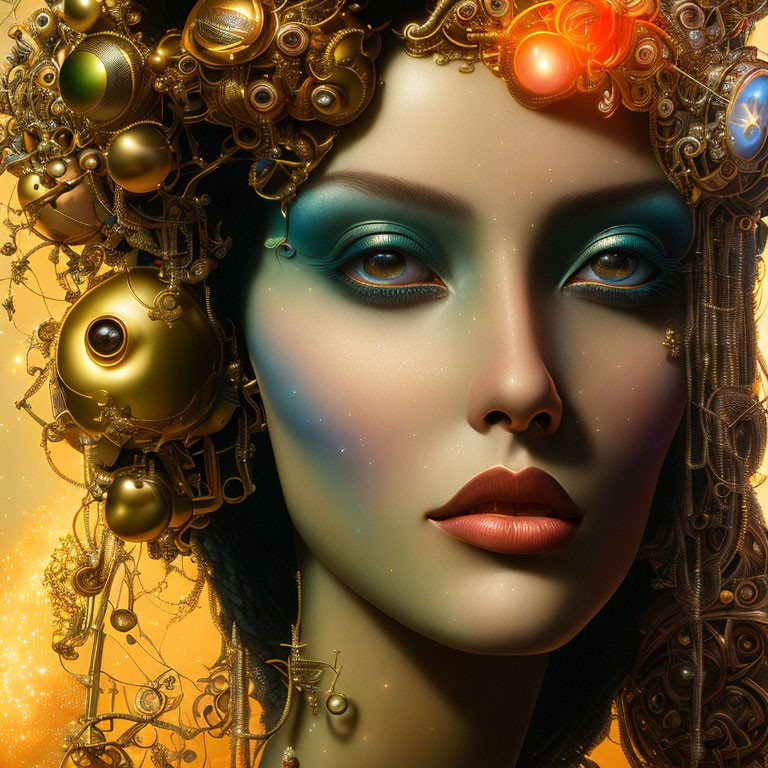 Fantasy Steampunk Woman with Metallic Headgear and Glowing Orbs