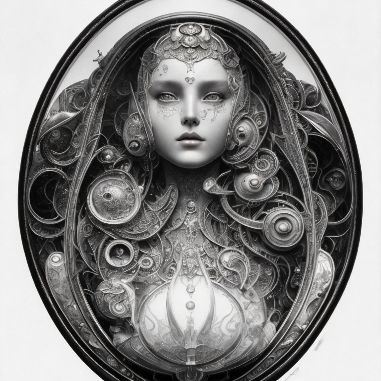 Monochromatic Woman's Face with Ornate Mechanical Details