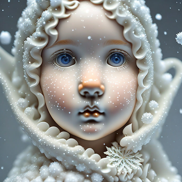 Porcelain-like figure with blue eyes in snowflake setting