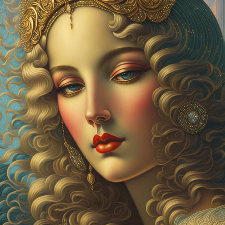 Detailed Portrait of Woman with Curly Hair and Ornate Gold Accessories