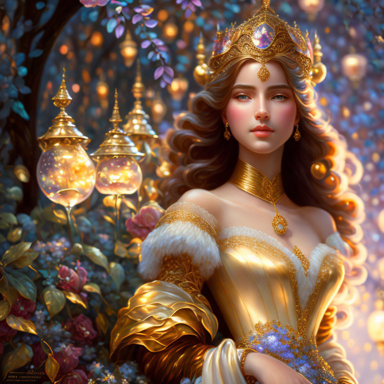 Regal Woman with Ornate Crown and Golden Attire Surrounded by Lanterns and Flowers