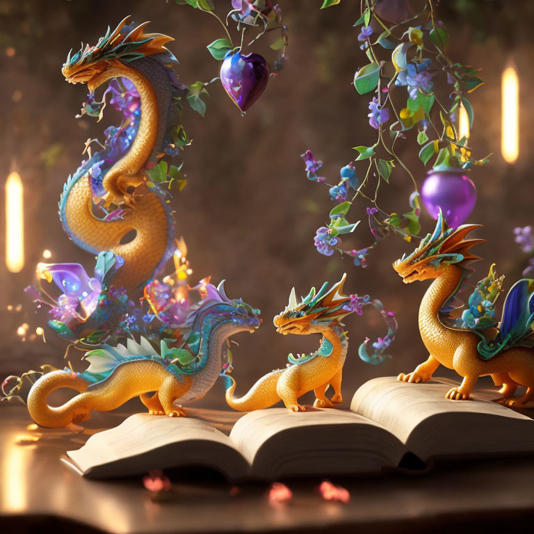 Intricately Designed Dragons with Mystical Books and Candles