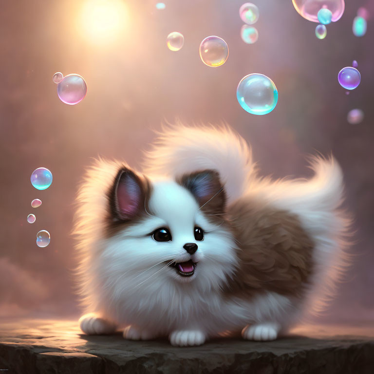 Fluffy White and Grey Puppy Surrounded by Colorful Bubbles