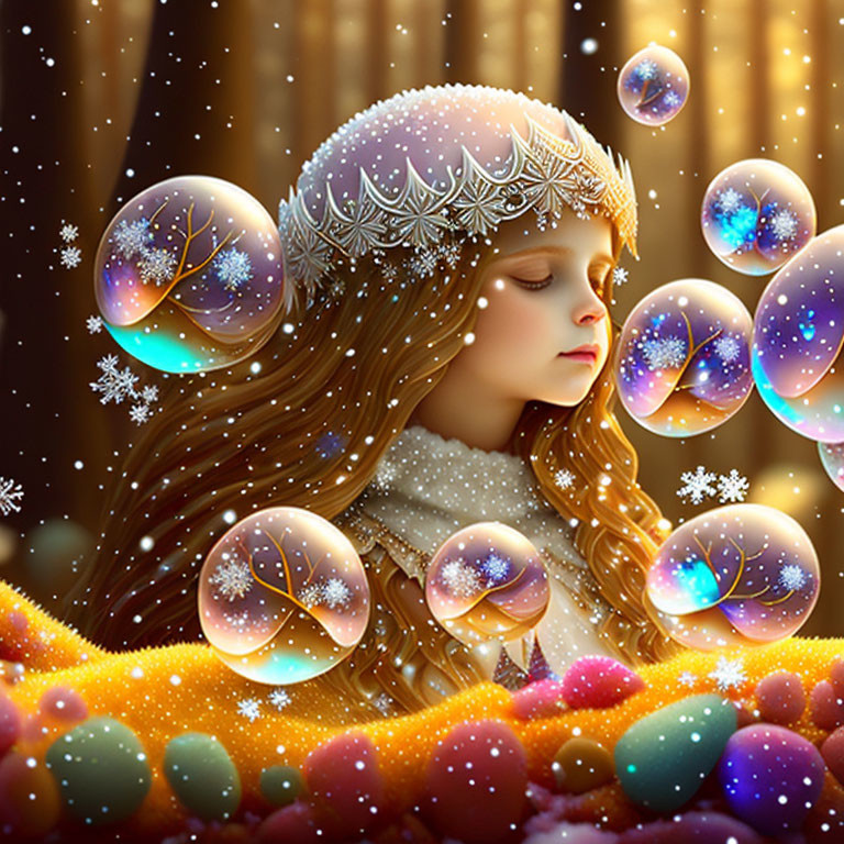 Young girl with crown gazes at glowing orbs in snowy scene