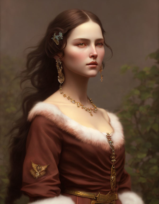 Portrait of Woman with Long Brown Hair in Brown Dress with Gold Jewelry