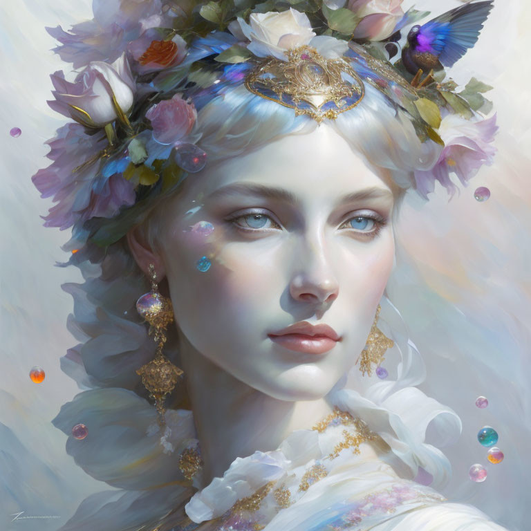 Portrait of Woman with Floral Crown and Butterflies: Ethereal Beauty