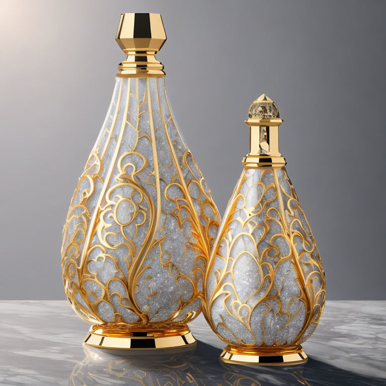 Ornate golden and white perfume bottles on reflective surface