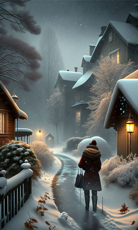Snow-covered path between cozy houses in gentle snowfall