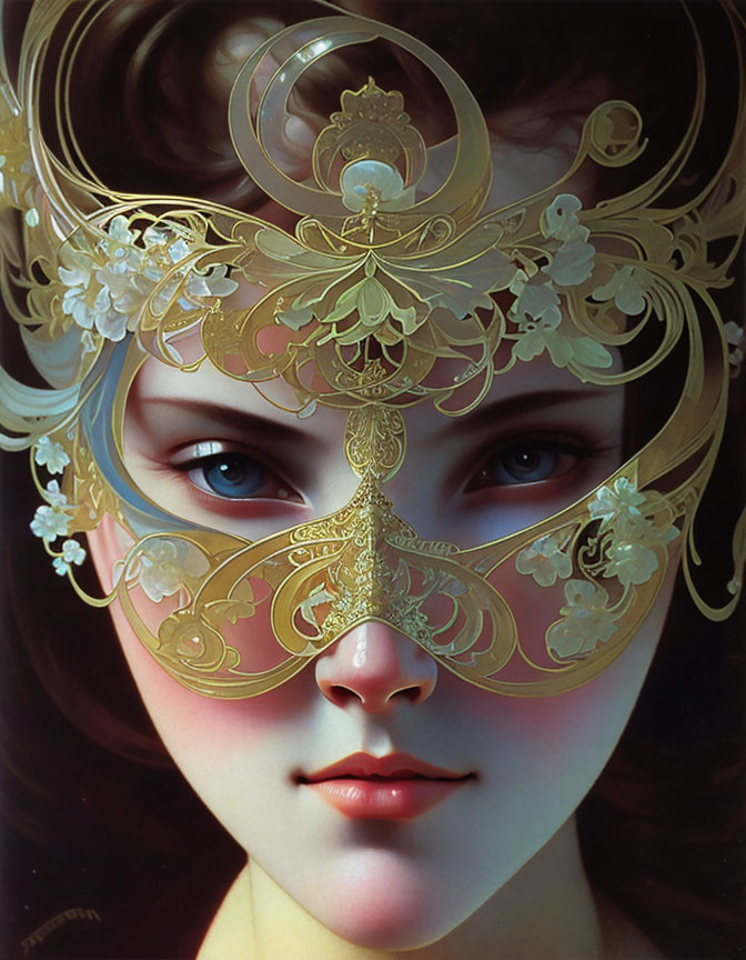 Striking Blue-Eyed Woman in Golden Floral Mask