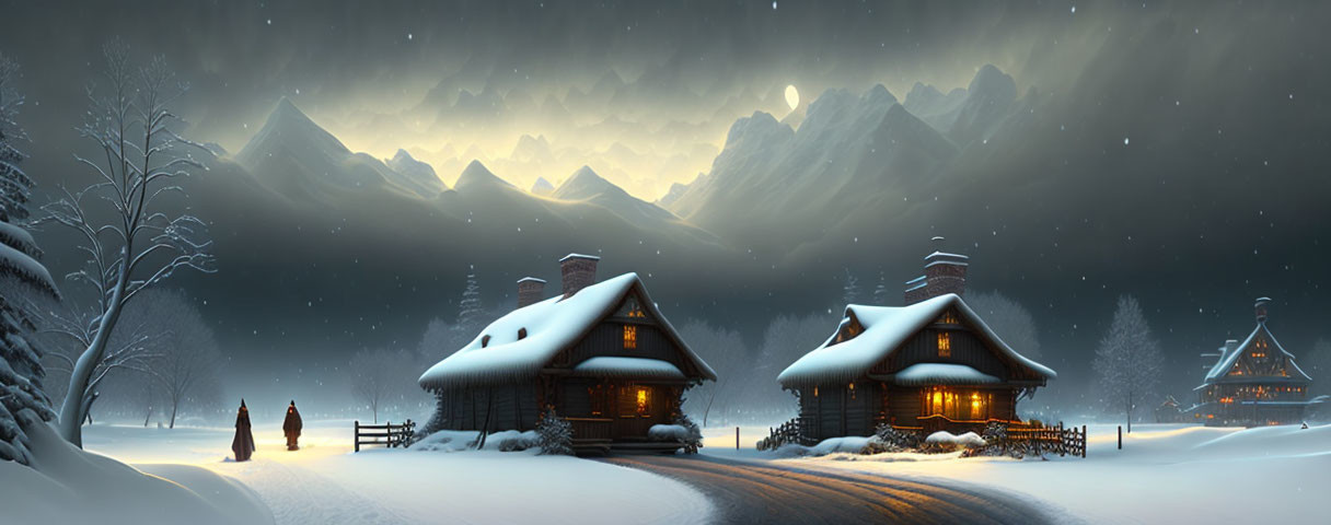 Winter Scene: Snowy Cottages, Mountains, Starry Sky