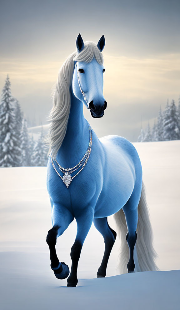 Blue horse with white mane and jeweled necklace in snowy landscape