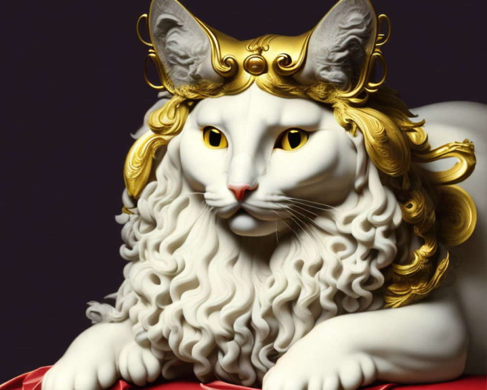 Ornate white cat sculpture with golden hair and crown on red platform against purple background