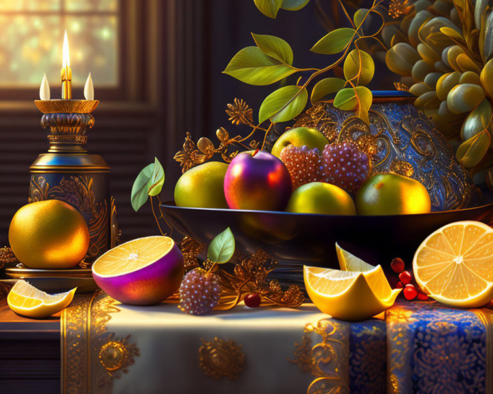 Fruit still life with candle on ornate plate, sunlight-lit table