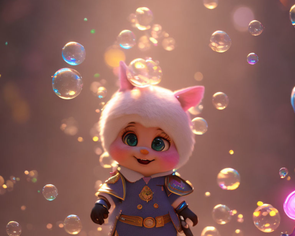 Blue Medieval Outfit Animated Cat in Iridescent Soap Bubbles