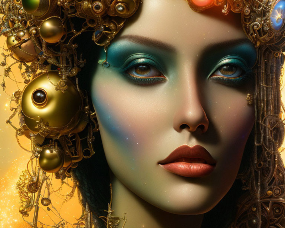 Fantasy Steampunk Woman with Metallic Headgear and Glowing Orbs