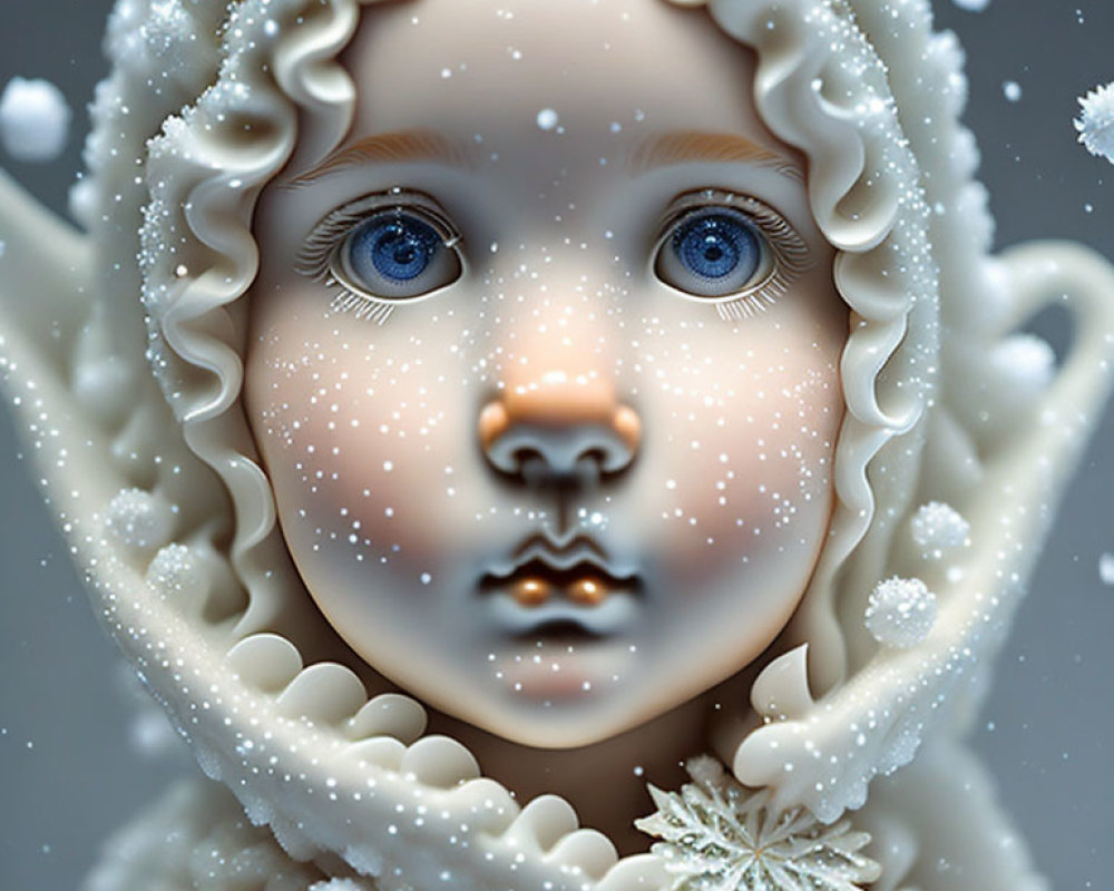 Porcelain-like figure with blue eyes in snowflake setting