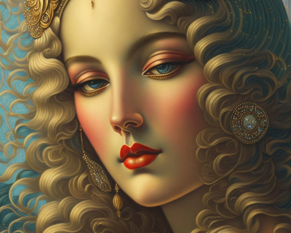 Detailed Portrait of Woman with Curly Hair and Ornate Gold Accessories