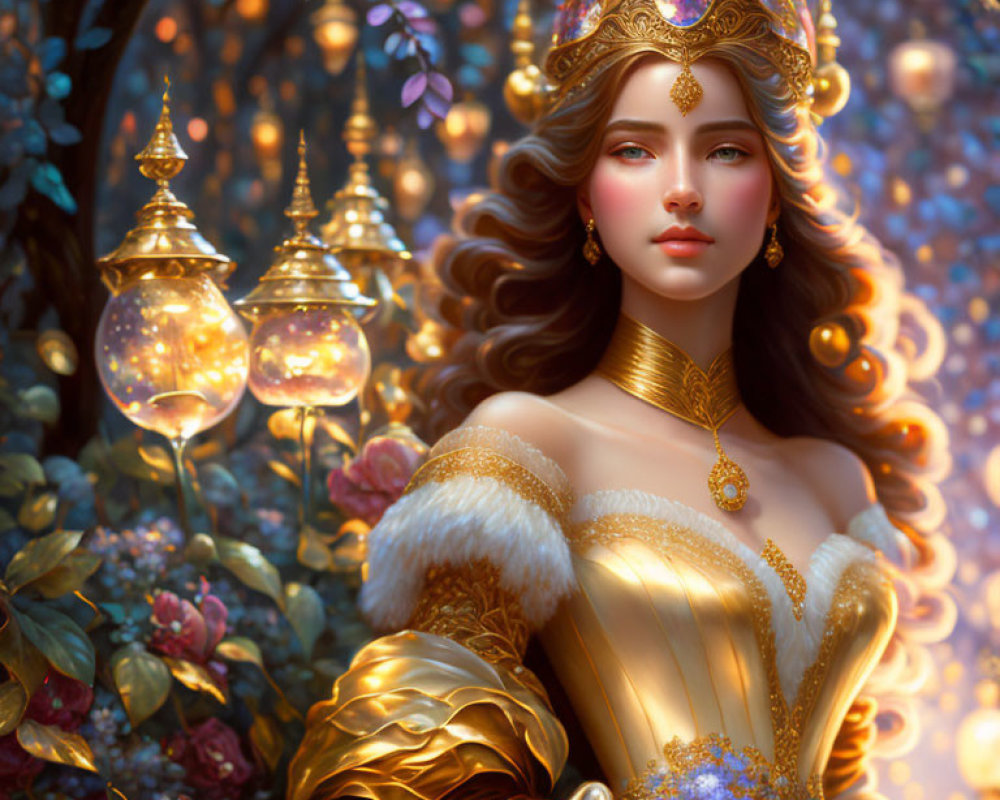 Regal Woman with Ornate Crown and Golden Attire Surrounded by Lanterns and Flowers