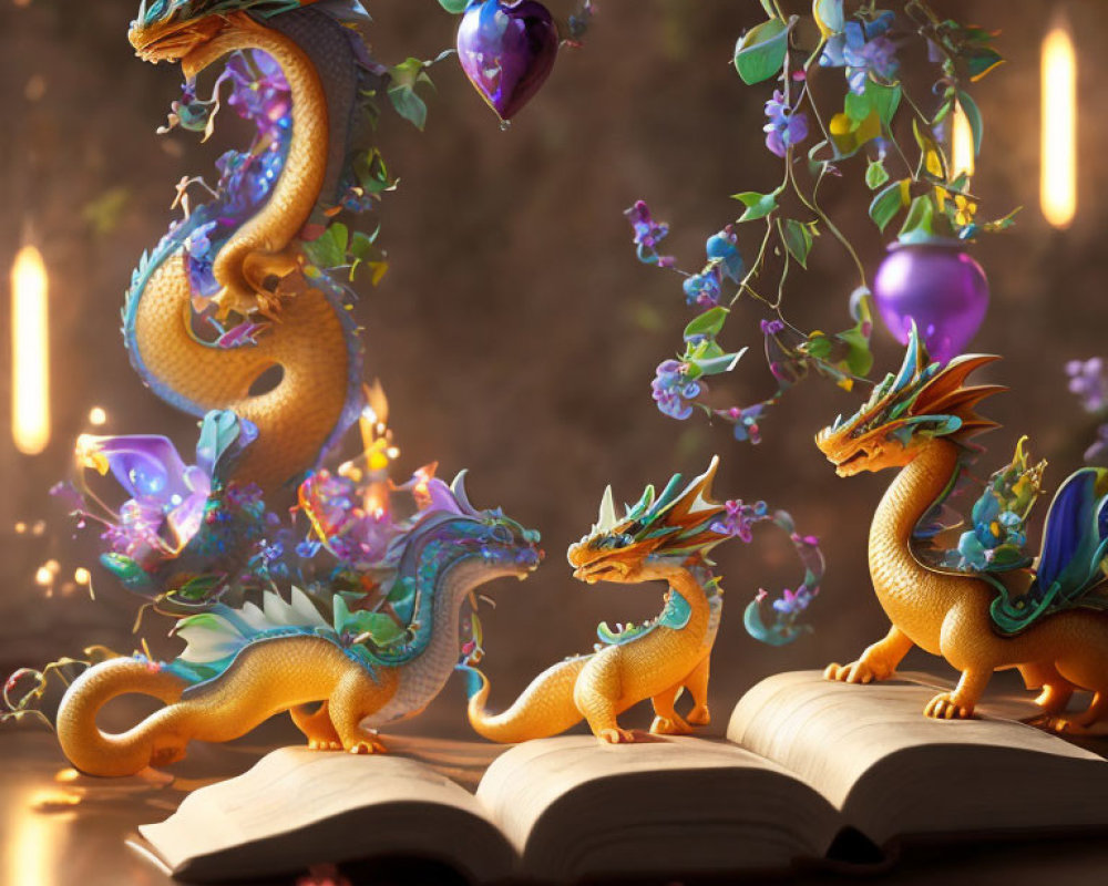 Intricately Designed Dragons with Mystical Books and Candles