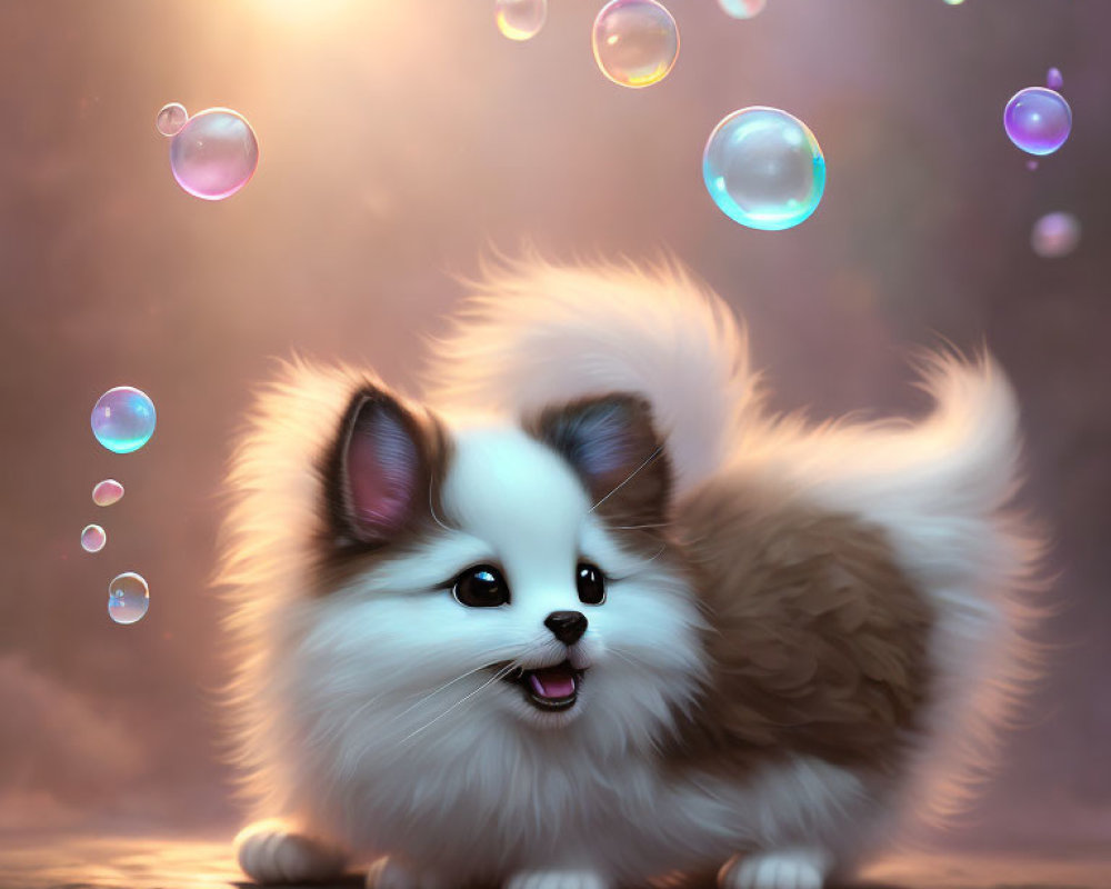 Fluffy White and Grey Puppy Surrounded by Colorful Bubbles