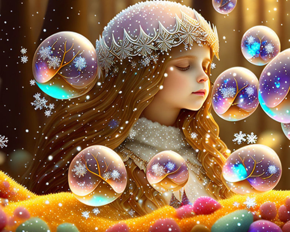 Young girl with crown gazes at glowing orbs in snowy scene